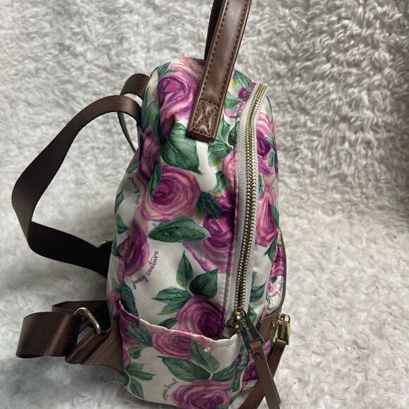 Juicy Couture Nylon mauve roses and green leaf prints mini backpack brown trims. - Picture 5 of 14